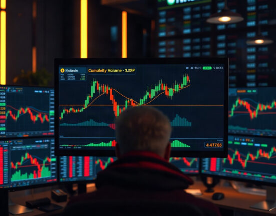 Trading monitor displaying Bitcoin price chart with order book heatmap and cumulative volume delta lines.