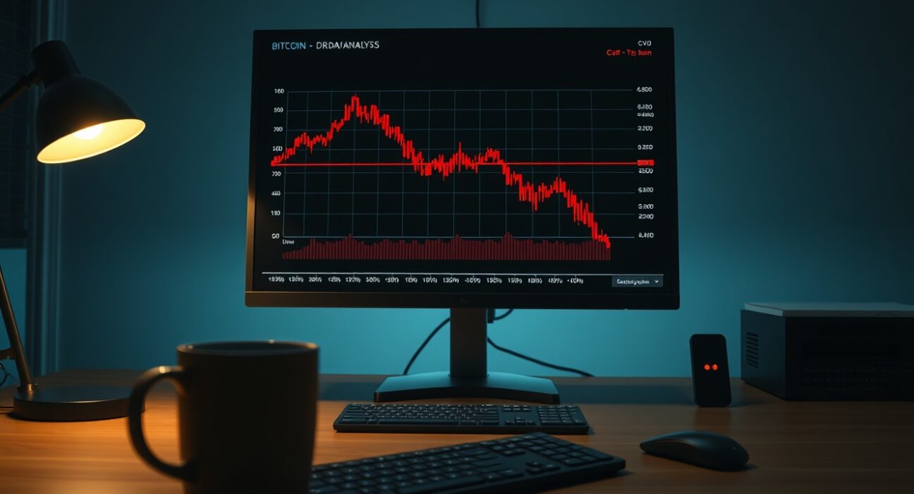 Bitcoin price chart with declining trend on a monitor in a professional office setting
