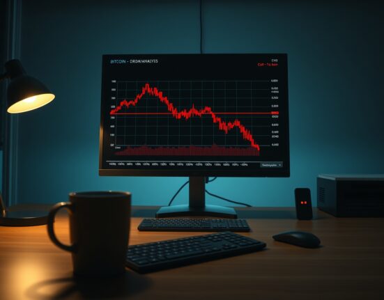 Bitcoin price chart with declining trend on a monitor in a professional office setting