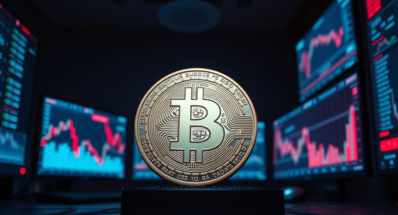 Bitcoin coin on trading dashboard with negative demand indicator and red arrow
