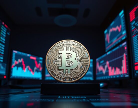 Bitcoin coin on trading dashboard with negative demand indicator and red arrow