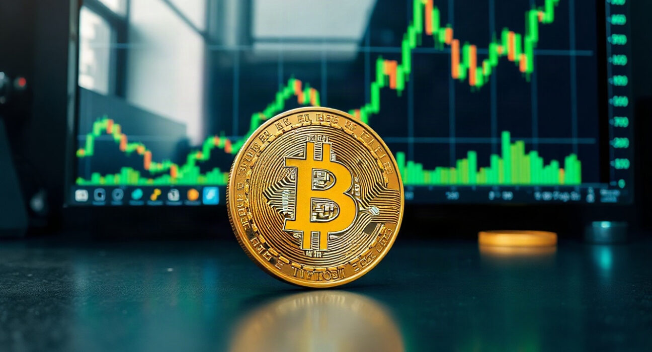 Bitcoin coin on reflective surface with rising chart on screen in trading room