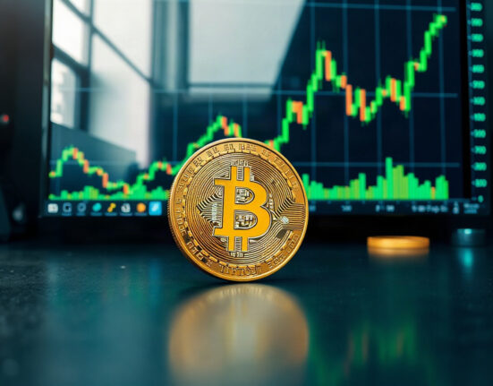 Bitcoin coin on reflective surface with rising chart on screen in trading room