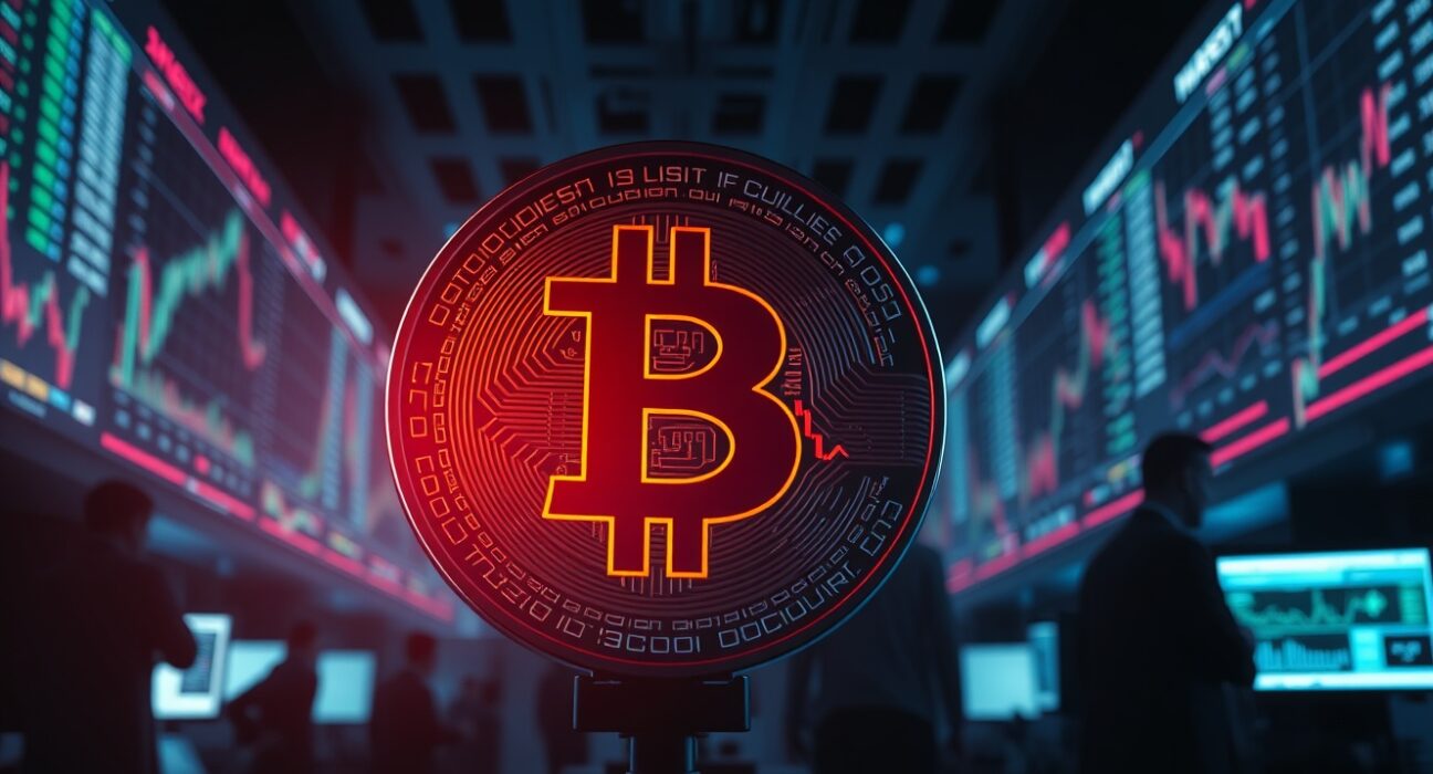 Bitcoin coin with declining chart overlay on a professional trading floor