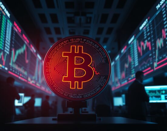 Bitcoin coin with declining chart overlay on a professional trading floor