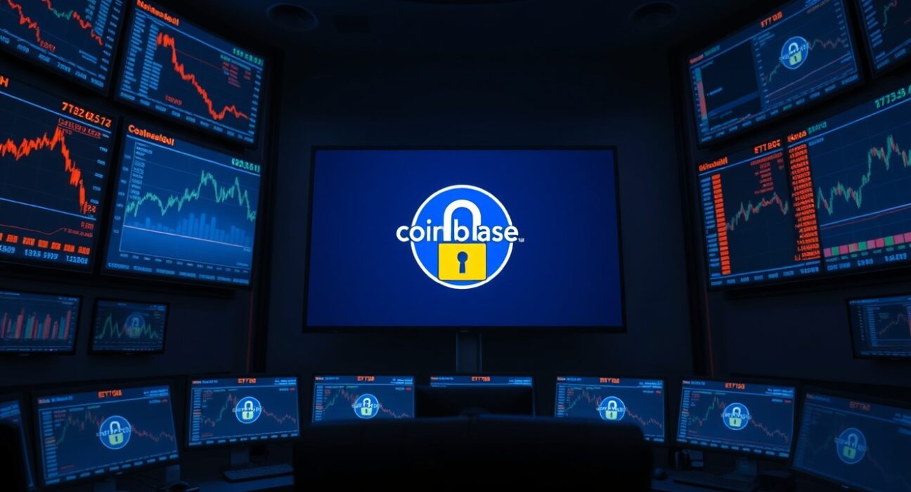 Financial control room monitors showing Bitcoin ETF data and a Coinbase custody padlock icon