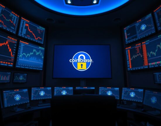 Financial control room monitors showing Bitcoin ETF data and a Coinbase custody padlock icon