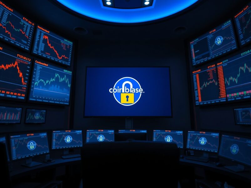 Financial control room monitors showing Bitcoin ETF data and a Coinbase custody padlock icon