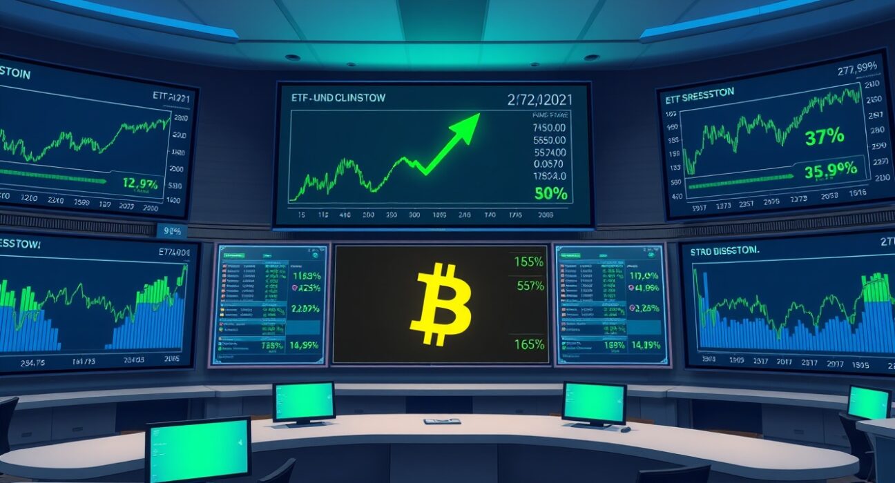 Trading floor screens showing Bitcoin price and ETF inflow data with green indicators