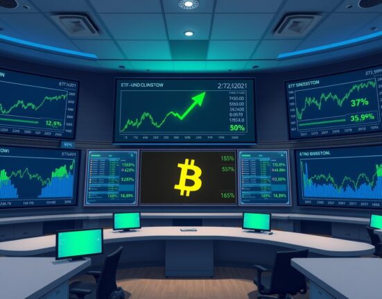 Trading floor screens showing Bitcoin price and ETF inflow data with green indicators