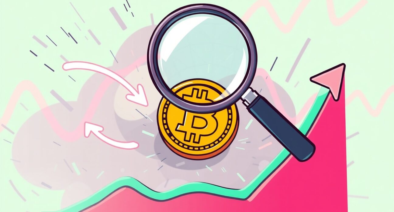 A cartoon illustration showing Bitcoin spot ETF flows indicating a potential market bottom, with charts and analysis tools.