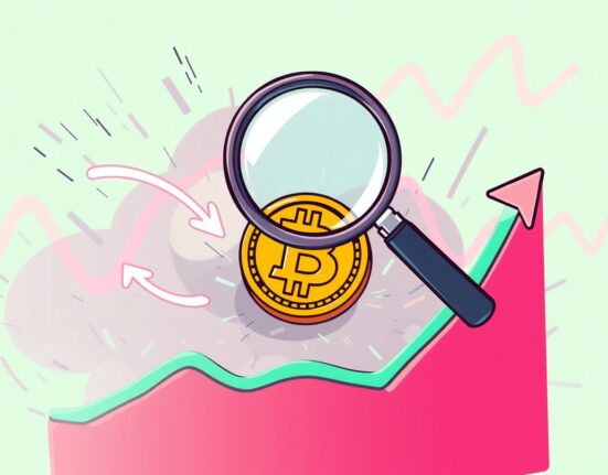 A cartoon illustration showing Bitcoin spot ETF flows indicating a potential market bottom, with charts and analysis tools.