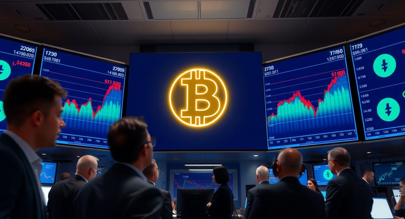 Bitcoin spot ETF inflows chart displayed on a trading floor screen, showing positive net inflows for US Bitcoin ETFs
