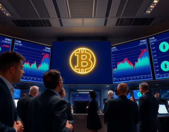 Bitcoin spot ETF inflows chart displayed on a trading floor screen, showing positive net inflows for US Bitcoin ETFs
