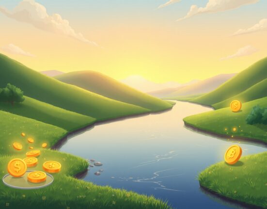 Conceptual Ghibli-style art representing capital flows from Bitcoin spot ETFs in a financial landscape.