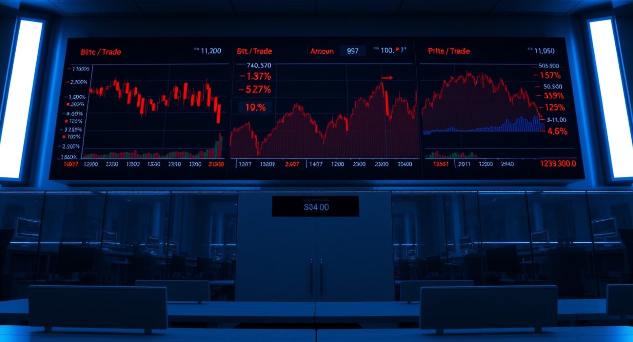 Trading screens showing Bitcoin price charts with red indicators on a professional trading floor.
