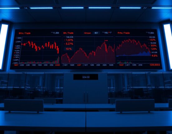 Trading screens showing Bitcoin price charts with red indicators on a professional trading floor.