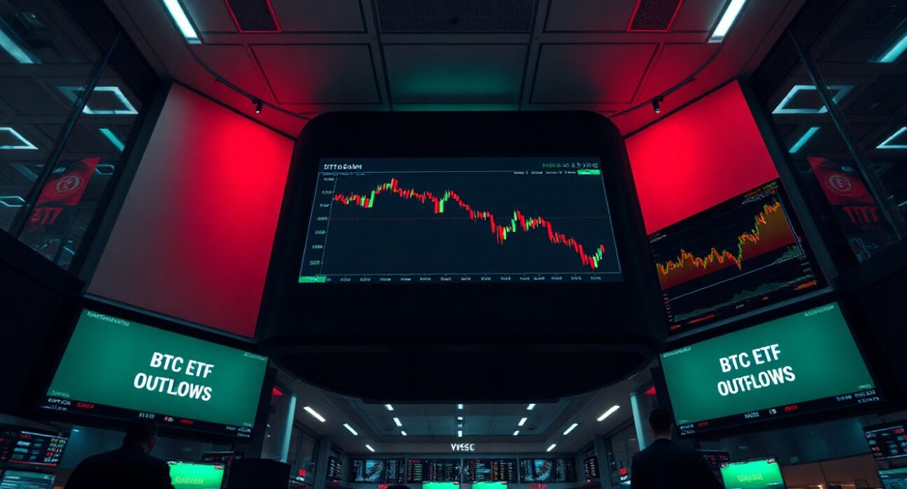 Financial trading floor screens showing Bitcoin ETF outflows and declining price chart