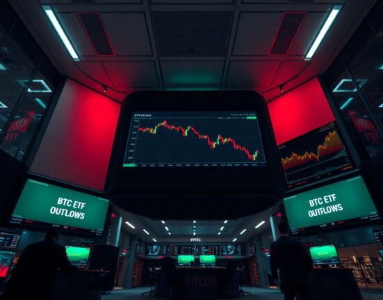 Financial trading floor screens showing Bitcoin ETF outflows and declining price chart