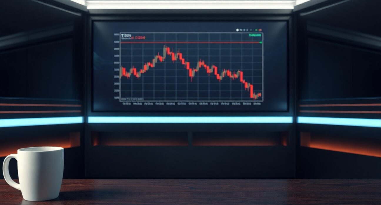 Bitcoin chart with red decline on a digital screen in a modern trading desk environment
