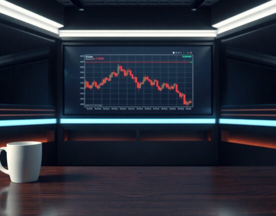 Bitcoin chart with red decline on a digital screen in a modern trading desk environment