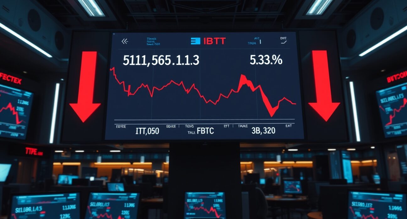Digital trading screens showing Bitcoin ETF outflows with red indicators in a modern financial newsroom