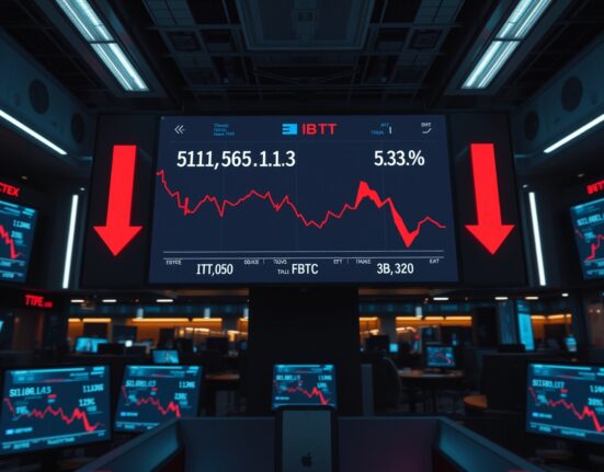 Digital trading screens showing Bitcoin ETF outflows with red indicators in a modern financial newsroom