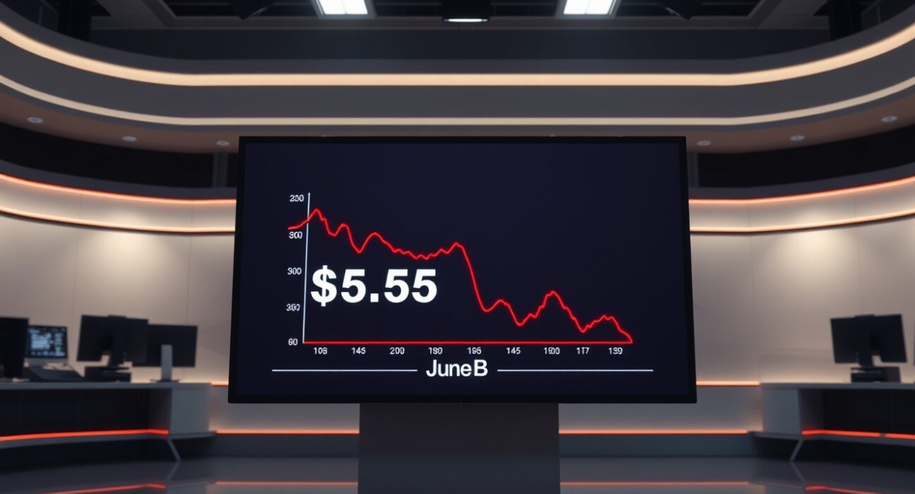 Digital screen in news studio showing Bitcoin ETF outflows graph with $4.5 billion figure for June.