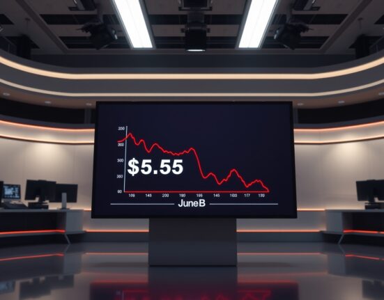 Digital screen in news studio showing Bitcoin ETF outflows graph with $4.5 billion figure for June.