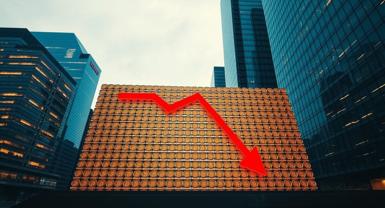 A large digital wall made of Bitcoin blocks with a red downward arrow, symbolizing sell pressure from ETFs in a financial district.