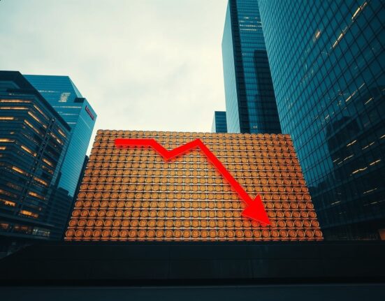 A large digital wall made of Bitcoin blocks with a red downward arrow, symbolizing sell pressure from ETFs in a financial district.