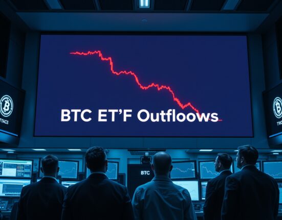 Traders monitoring a Bitcoin price chart showing a decline on a trading floor display.
