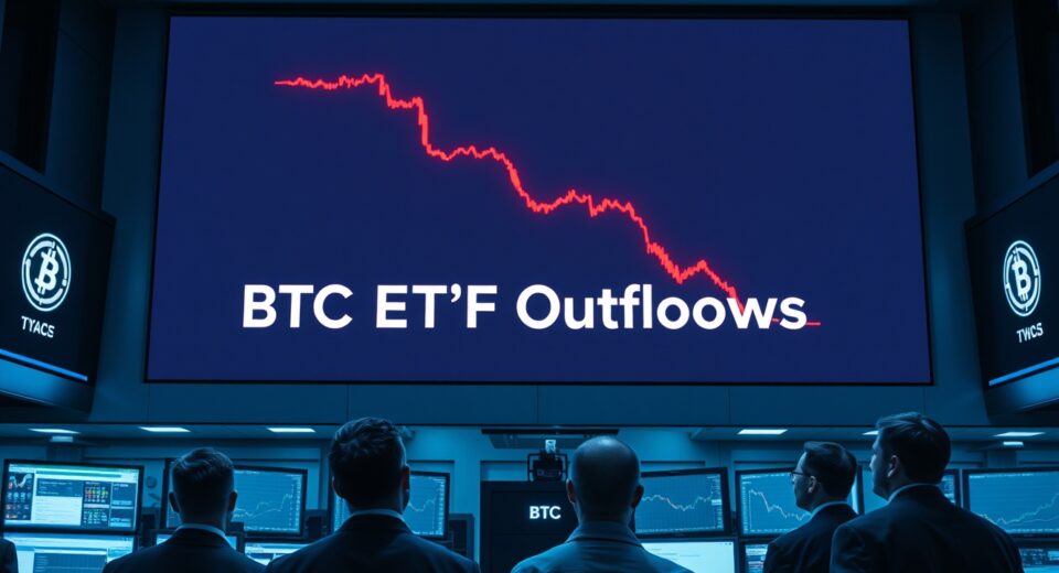 Traders monitoring a Bitcoin price chart showing a decline on a trading floor display.