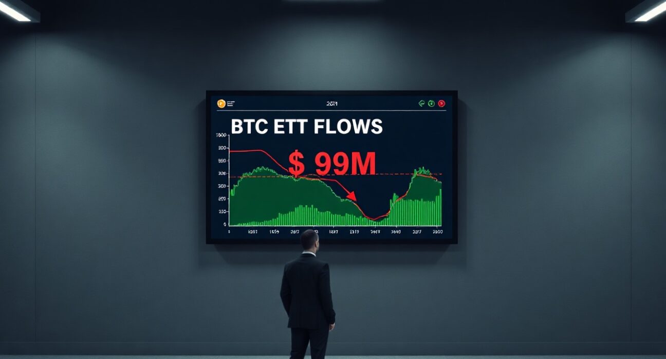 Digital screen showing Bitcoin ETF outflow data with a red downward arrow