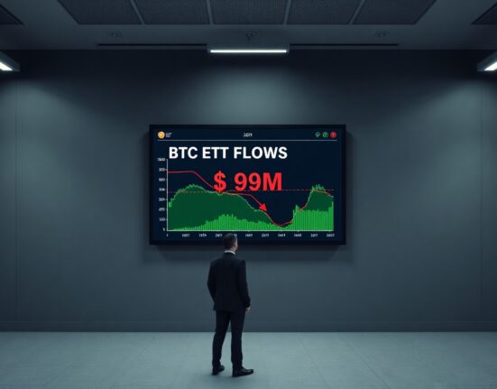 Digital screen showing Bitcoin ETF outflow data with a red downward arrow