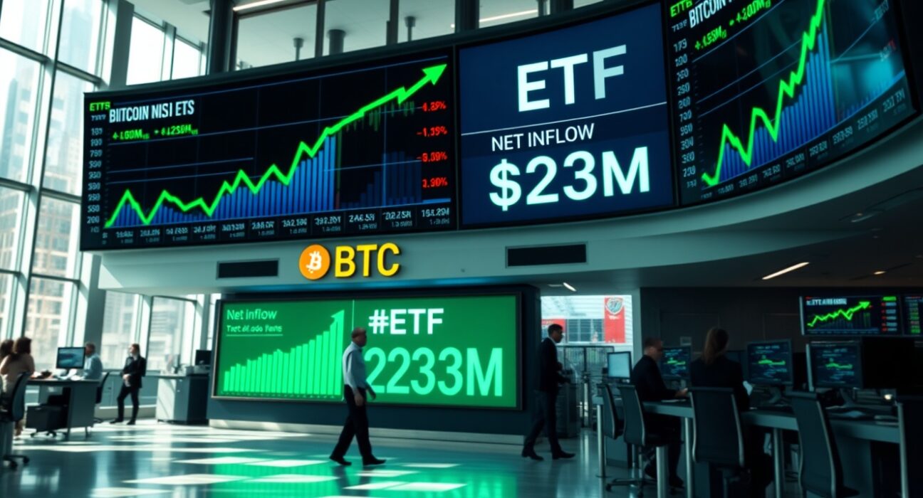 Trading floor screens showing Bitcoin ETF inflow data and positive market indicators