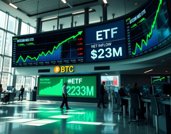 Trading floor screens showing Bitcoin ETF inflow data and positive market indicators