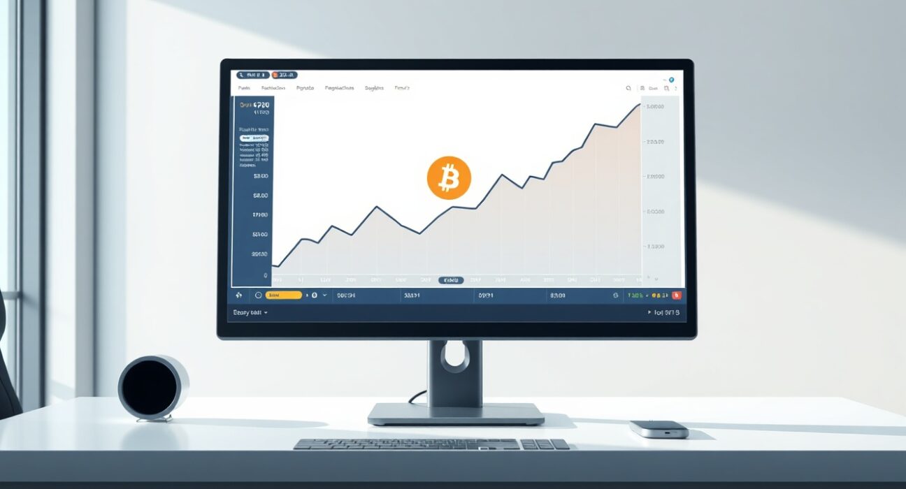 Professional trading desk monitor showing an upward-trending Bitcoin ETF investment chart.