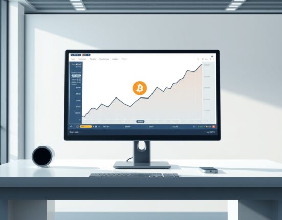 Professional trading desk monitor showing an upward-trending Bitcoin ETF investment chart.
