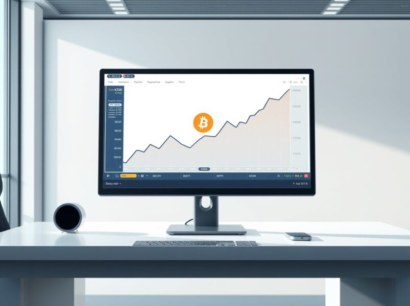 Professional trading desk monitor showing an upward-trending Bitcoin ETF investment chart.