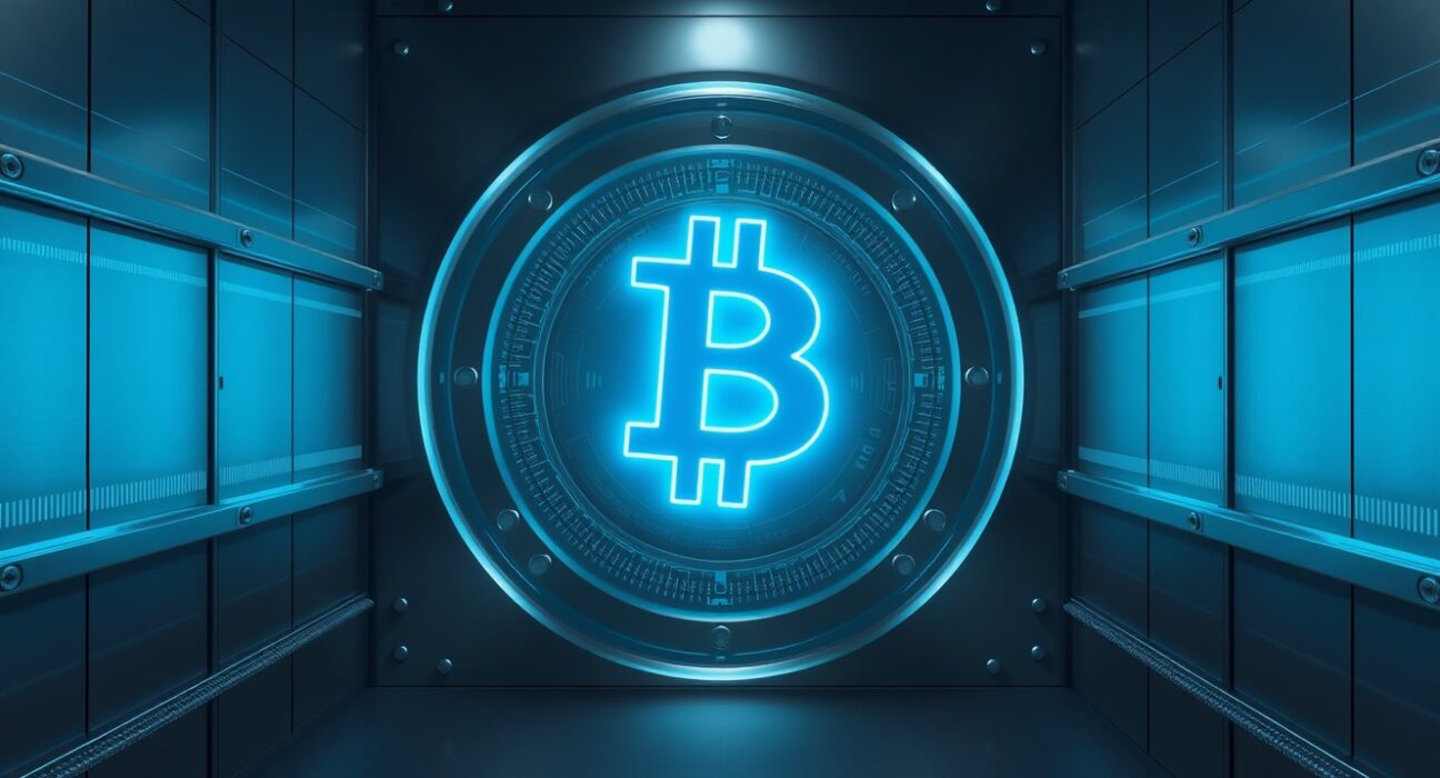 Secure institutional vault holding Bitcoin assets, representing ETF custody of 1.28 million BTC.