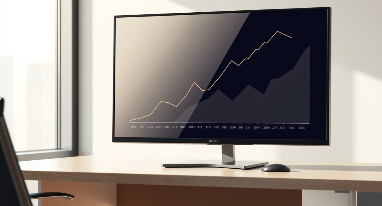 Professional trading desk monitor showing a rising graph for Bitcoin spot ETF investment inflows.