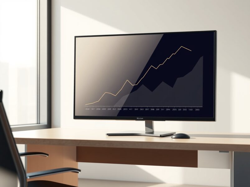 Professional trading desk monitor showing a rising graph for Bitcoin spot ETF investment inflows.