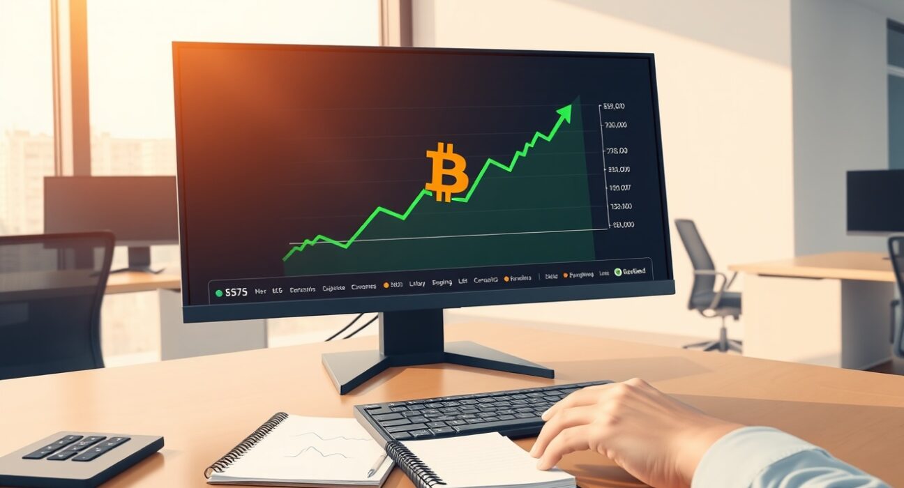 Financial trading desk monitor showing an upward trending Bitcoin ETF investment chart.