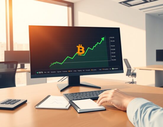 Financial trading desk monitor showing an upward trending Bitcoin ETF investment chart.