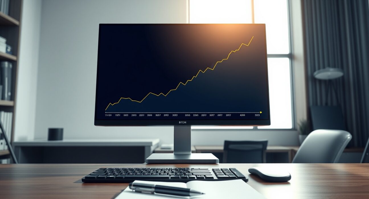 Professional trading desk monitor showing an upward-trending Bitcoin ETF investment graph.