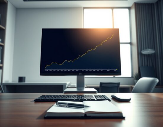 Professional trading desk monitor showing an upward-trending Bitcoin ETF investment graph.