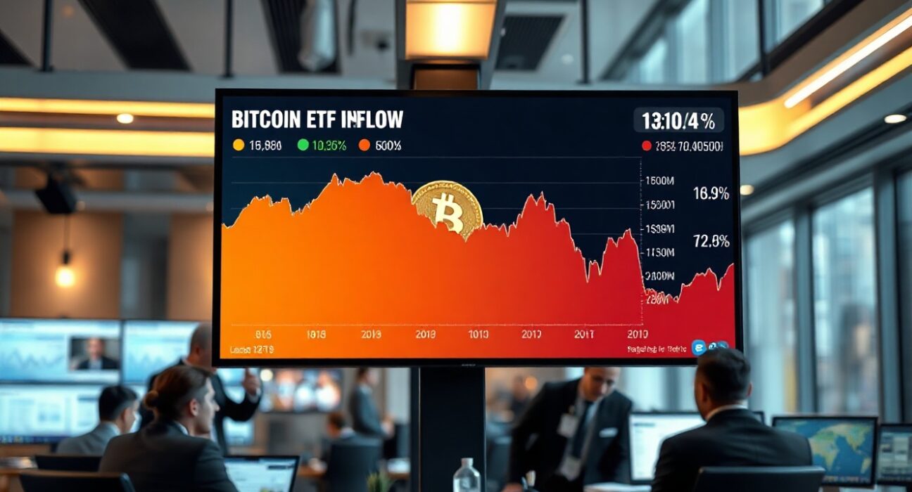 Financial news studio screen showing Bitcoin ETF inflow data and price chart