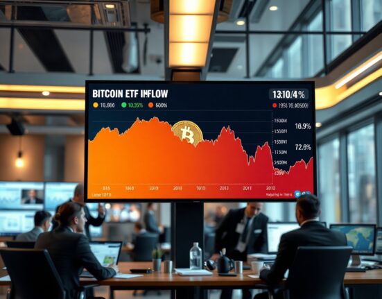 Financial news studio screen showing Bitcoin ETF inflow data and price chart