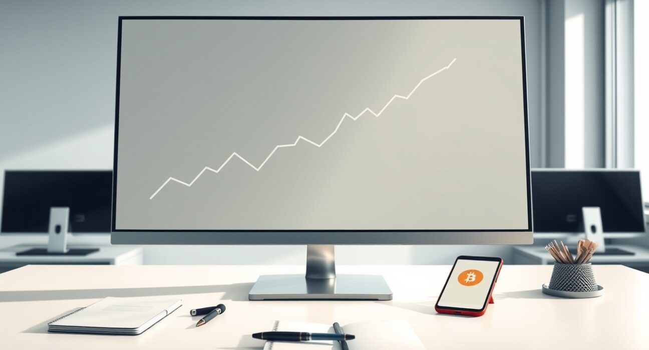 Financial trading desk monitor showing an upward trending Bitcoin ETF investment chart.